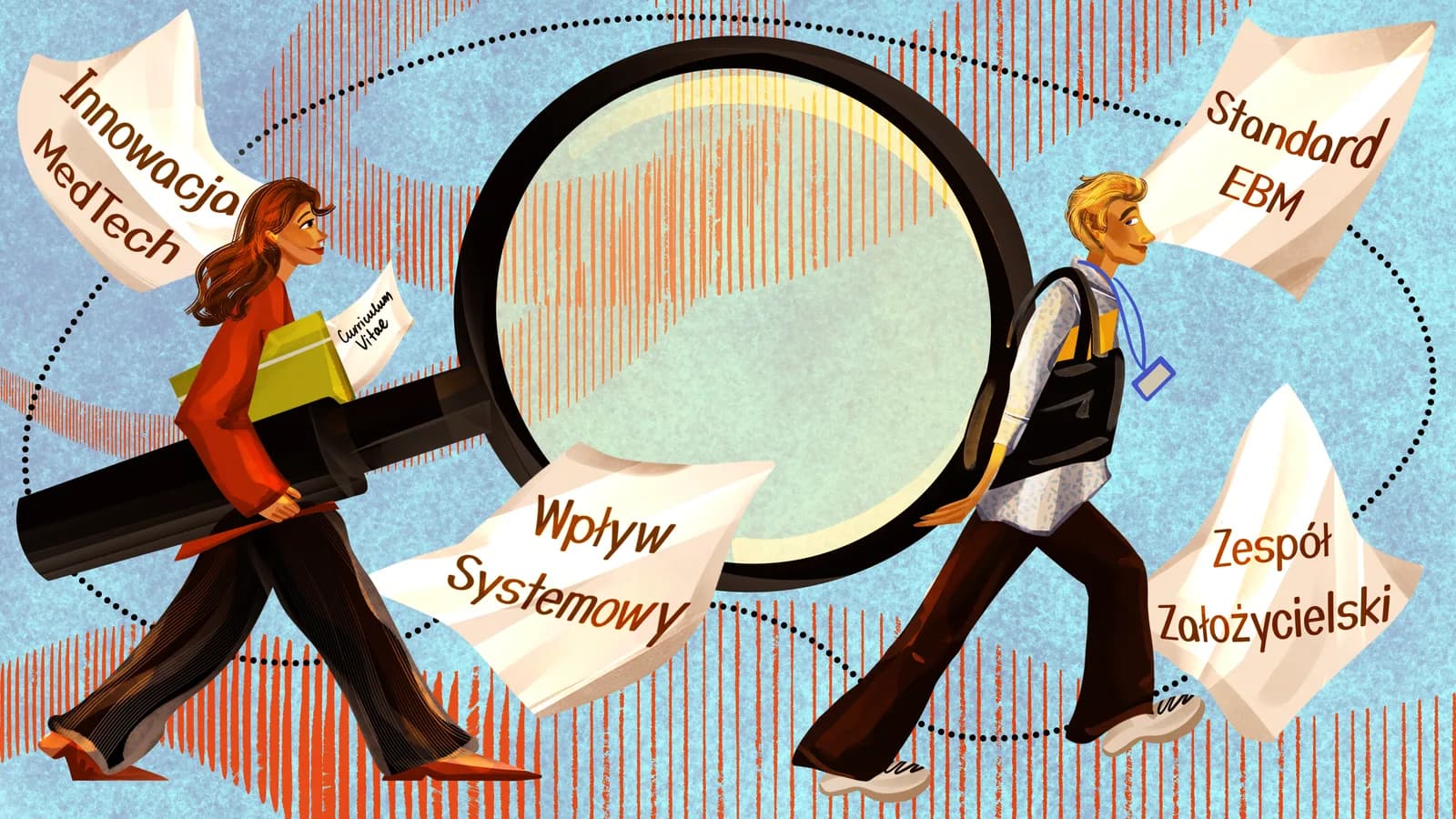 Ilustracja rekrutacyjna: dwie osoby z lupą i kartkami z hasłami Innowacja MedTech, Wpływ Systemowy, Standard EBM, Zespół Założycielski.